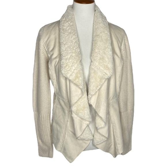 Knox Rose Vegan Suede Sherpa Open Cardigan Cream Sweater Small Boho Cowgirl - Picture 5 of 16